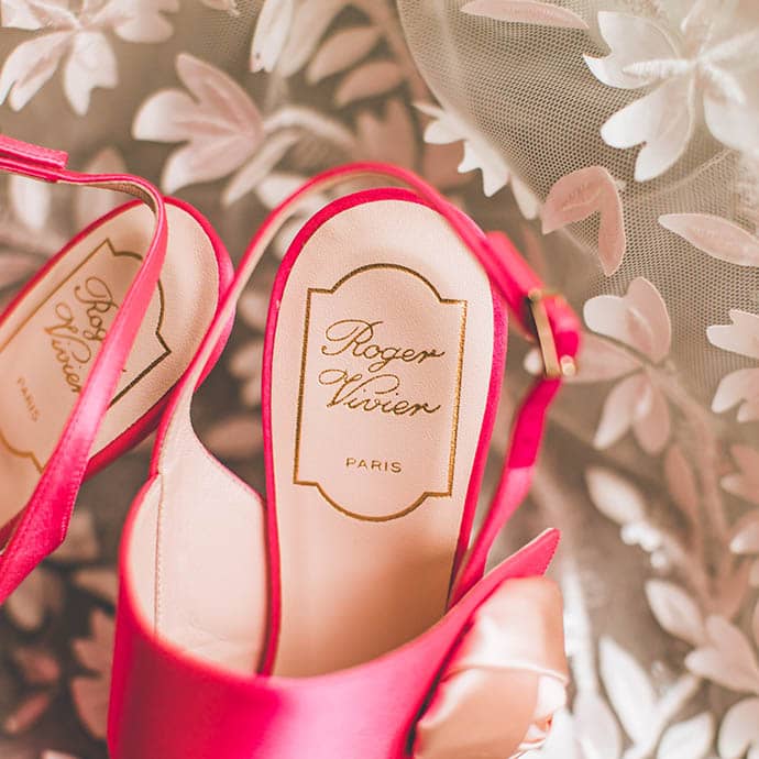 White floral Wedding Dress and Pink Satin Shoes - Essex Wedding Planner - Suffolk Wedding Planner