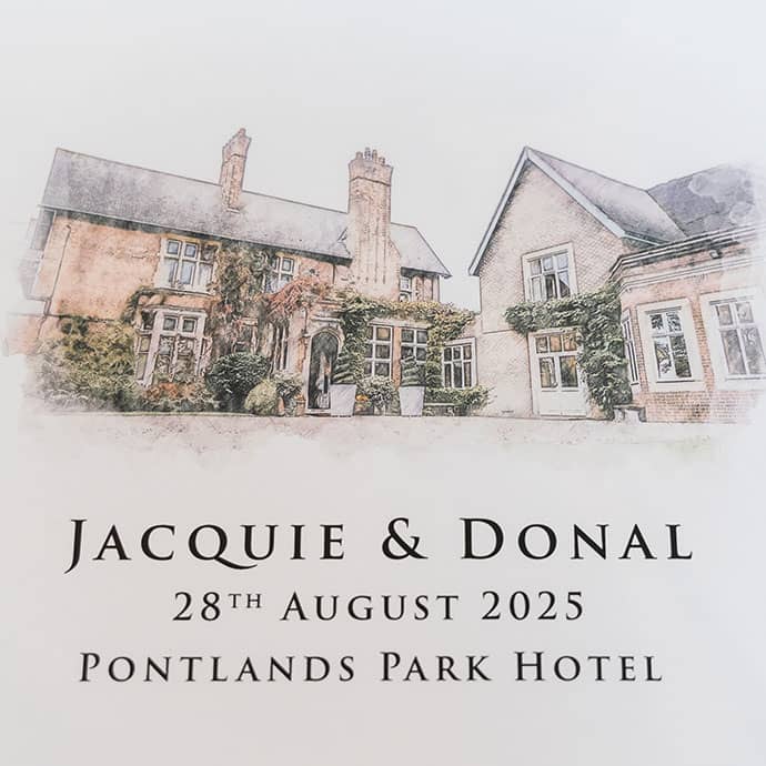 Graphical Sketch of Pontlands Hotel on wedding Invitiation - Camellio Wedding Planning and Events - Essex Wedding Planner